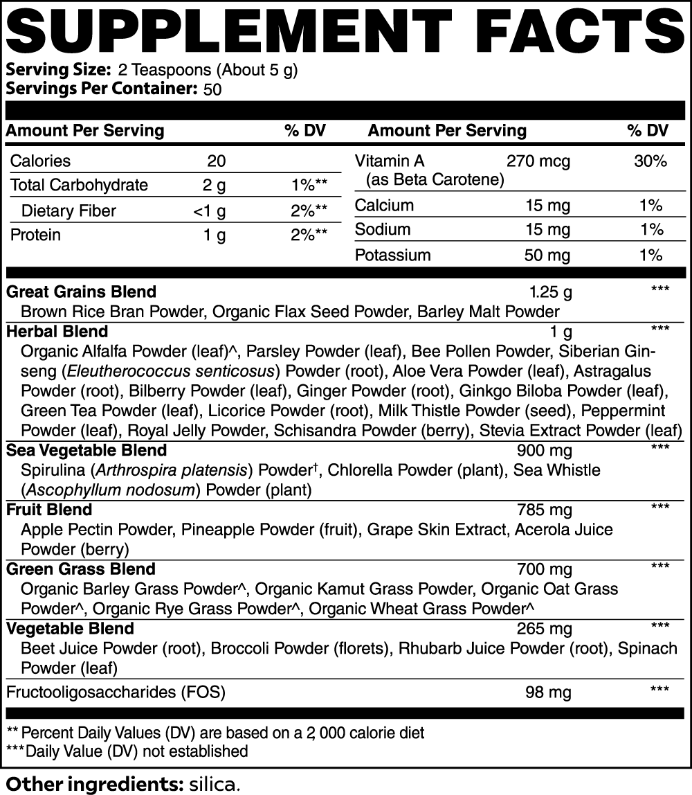 Ultra Cleanse Smoothie Greens is a blend of organic grasses, superfoods, B-Vitamins, and botanical extracts designed to fuel the body with broad-spectrum nutrients for optimal mental and physical functionality.